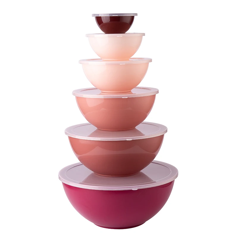 

Food Grade Pink Gradient Color 12 Piece set of Plastic Salad Mixing Bowls With Lid