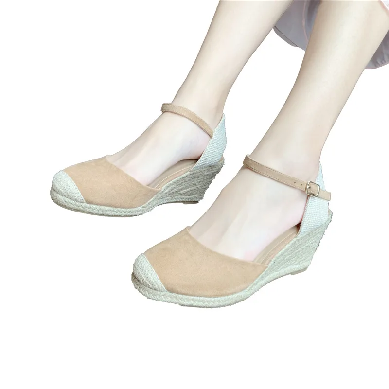 

Amazon INS Hot Selling Women Wedge Sandals Espadrilles Buckle Ankle Strap Canvas Hemp Ladies' Casual Sandals Shoes