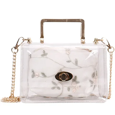 

Fashion Ladies Handbag set 2pcs New Lace Embroidery Shoulder Bags Women Transparent Jelly Bags 2021