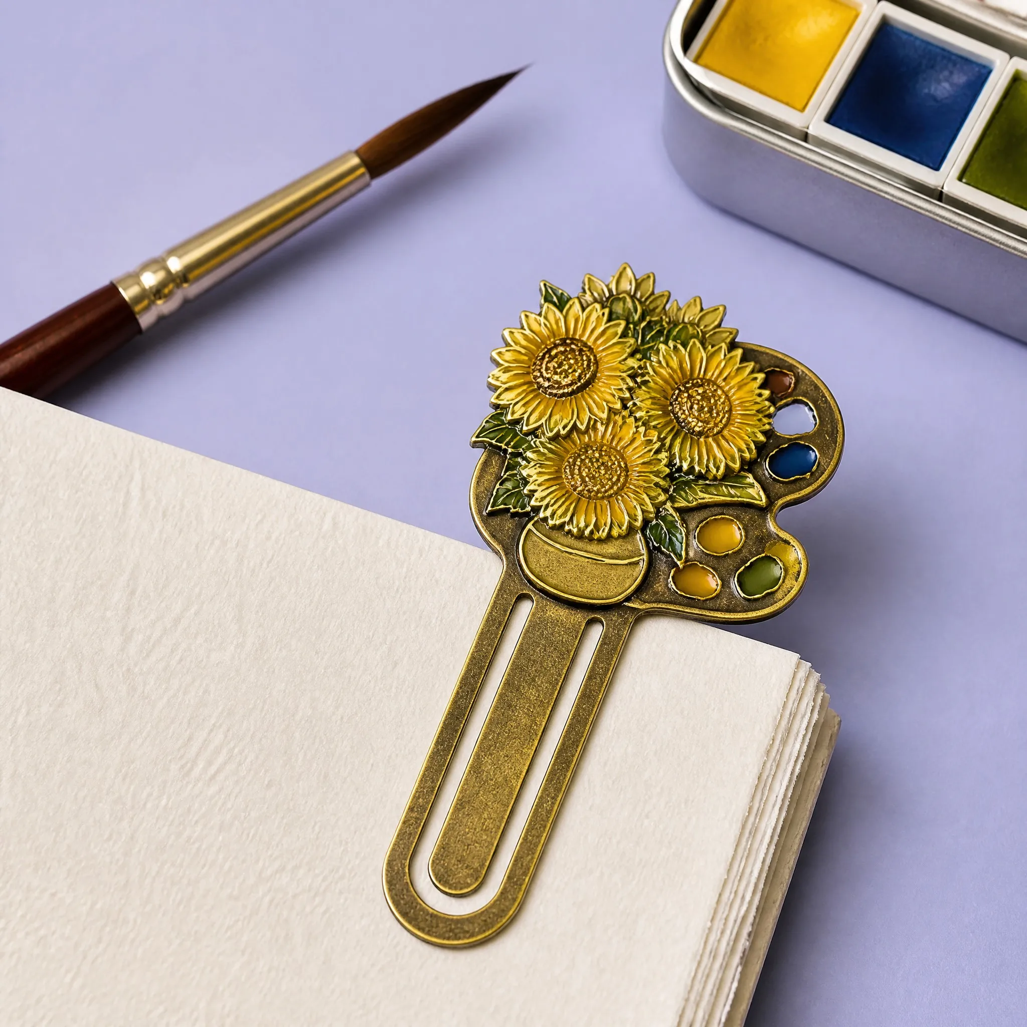 Custom Van Gogh Sunflower Vase & Artist Palette 3D Antique Brass Bookmark Clip