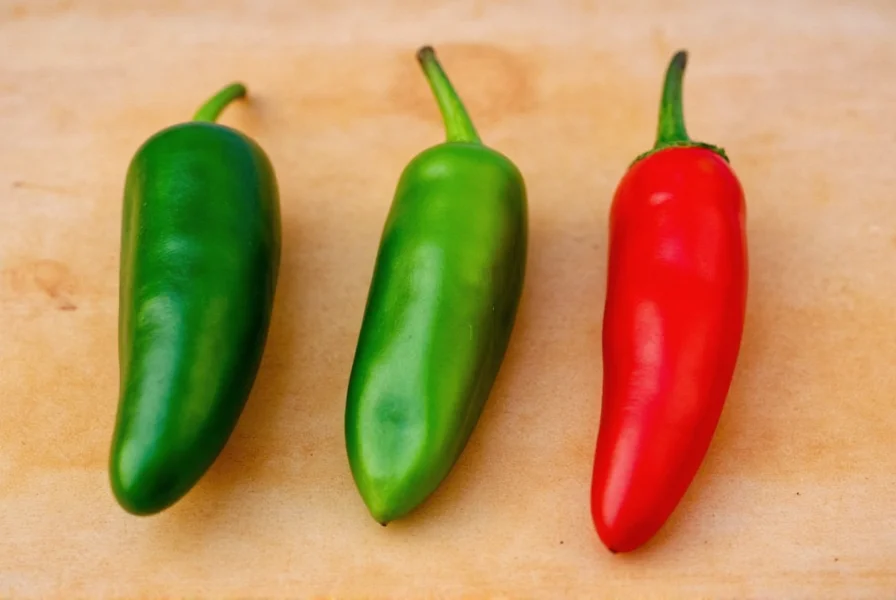 Side-by-side comparison of Fresno chili, jalapeño, and serrano peppers on cutting board