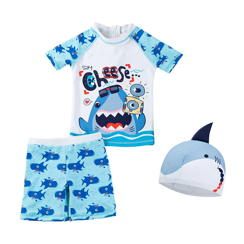 

Kids beach leisure sportswear sun hat for boys children split swimsuit swimming trunks Quick-drying,pattern:photography shark