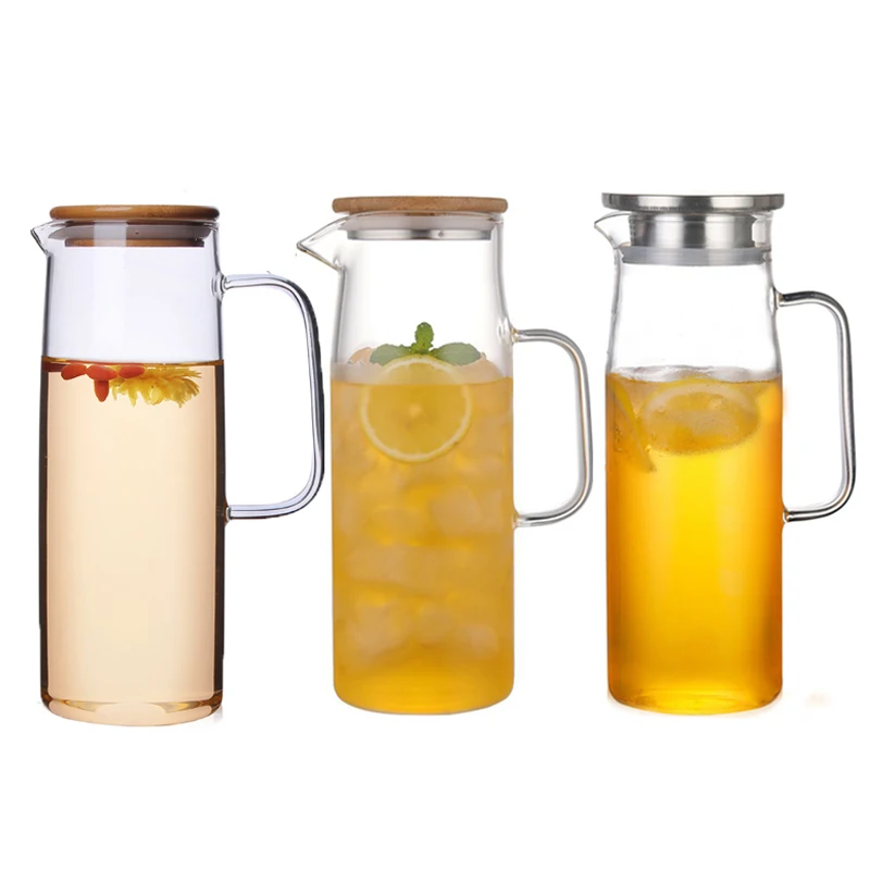 

wholesale Handmade borosilicate heat resistant drinking glass water pitcher jug with filter lid, Clear