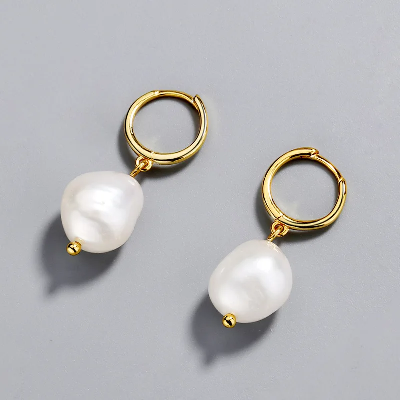 

Dainty Gold Plated Sterling Silver Baroque Pearl Dangle Earring Simple S925 Sterling Silver Pearl Huggie Hoop Earrings For Women