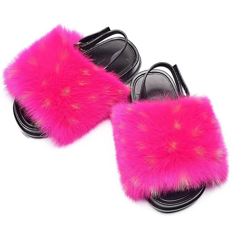 

factory Soft Children fox Fur Slippers Kids Real fox Fur Sandals Baby Fur Slides with strap, Light brown, dark brown, white pink purple