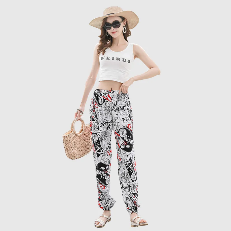 

Women trendy wide leg jogger pants with high wight prints patterns rayon beach pants