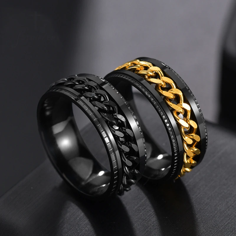 

Letdiffery Cool Stainless Steel Rotatable Men Ring High Quality Spinner Chain Punk Women Jewelry for Party Gift, Gold edge