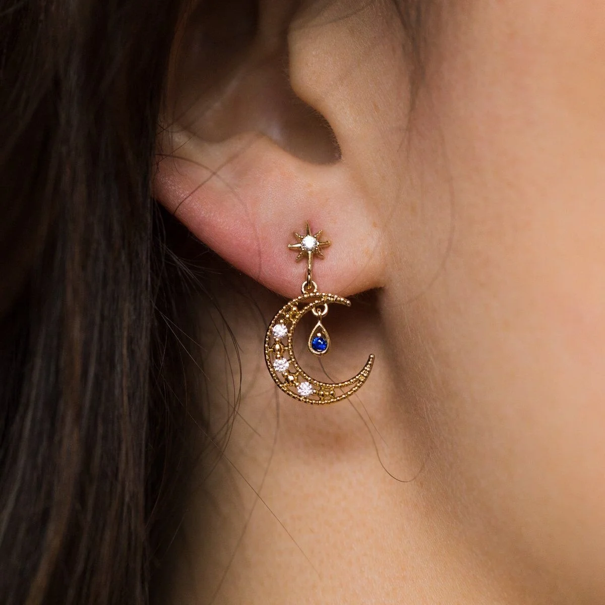 

Fashion trendy New Moon dangle earring with 5A zircon crystal paved Multi star tear drop charm pendant tassel Earrings For Lady