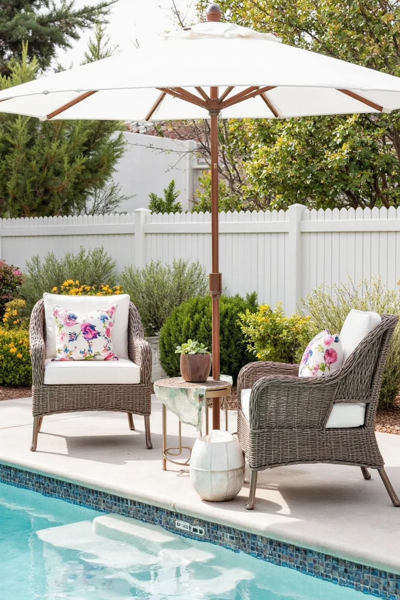 A cozy outdoor patio setup featuring a large umbrella, pet bed, and shaded seating area with two dogs lounging nearby.