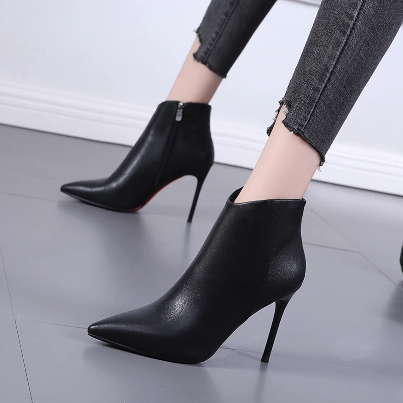 

113476 British style winter fashion women shoes thin heeled pointy toe Matin boots side zip solid colour plush insole lady pumps