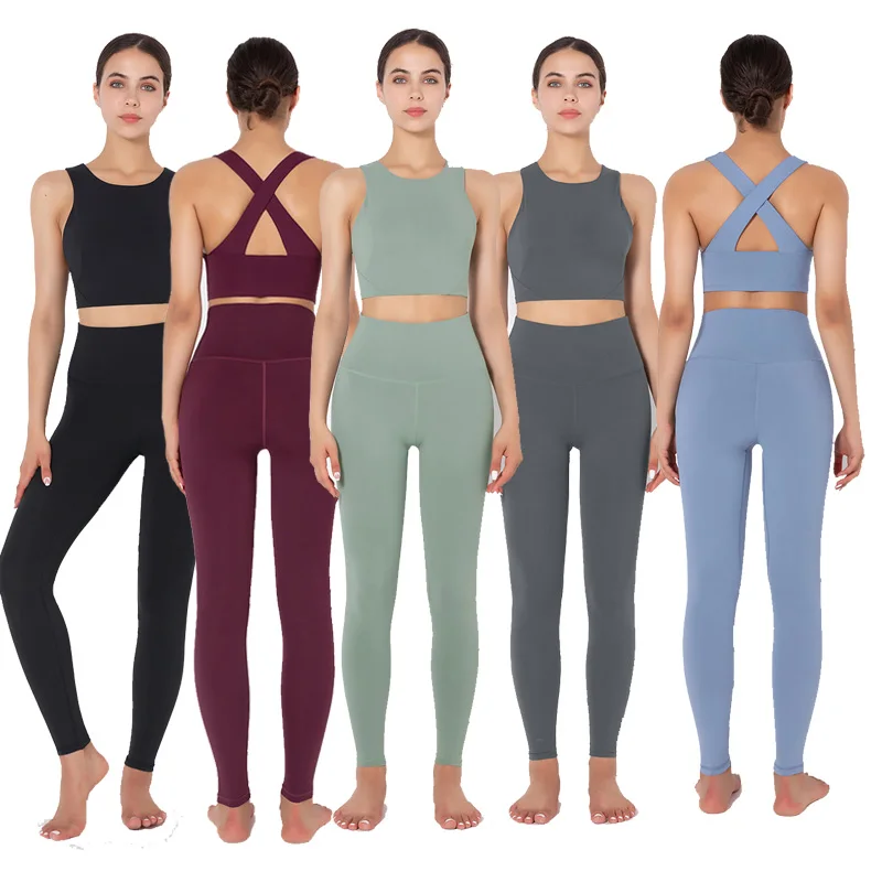 

High Quality Casual Sexy Cross Strap Yoga Bras High Waist Buttocks Yoga Pants Nude Sports Fitness Wear Suit, As pictures