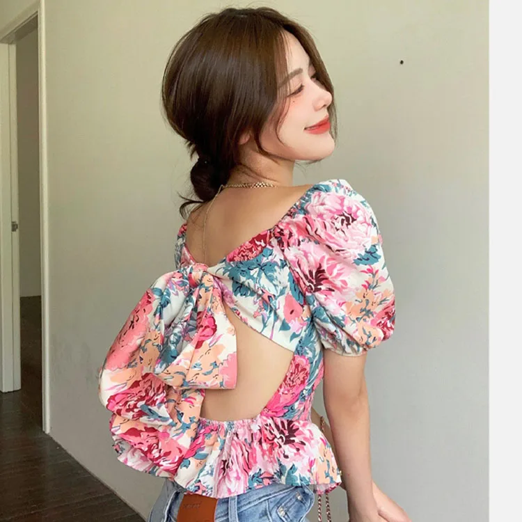 

2021 Women New Summer Fashion Sexy Halter Strap Bow Floral Back Ruffled Floral Casual Tops Puff Sleeve Top T-Shirt, Customized color