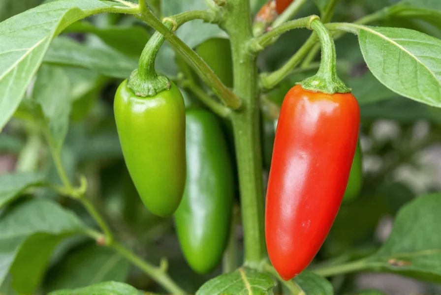 Jalapeño peppers on plant showing green and red varieties with smooth skin