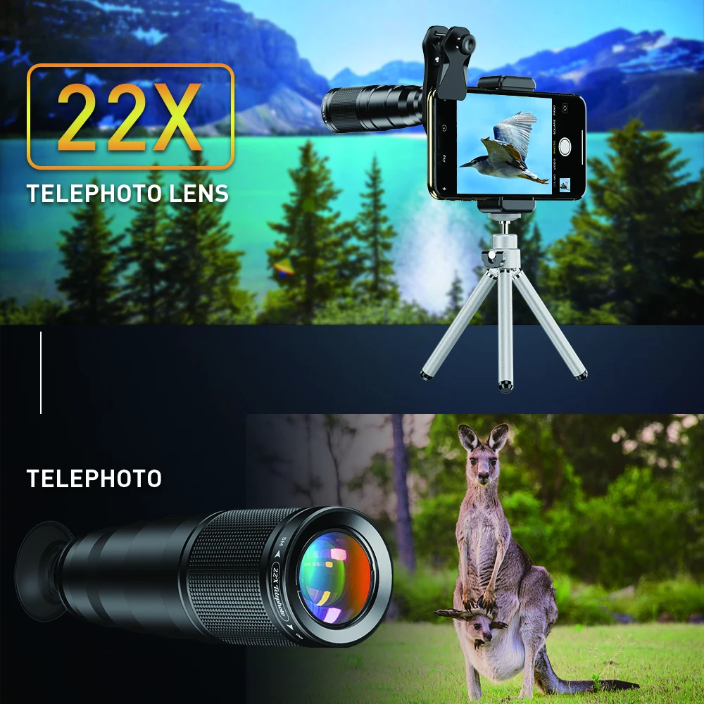 Amazon Top Seller 2020 APEXEL Mobile Camera Lens Universal Clip 22X Optical Zoom Telescope Lens Kit 4in1 With Tripod
