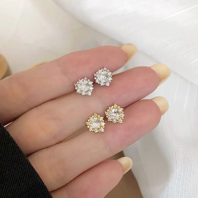 

Retro Style S925 Geometric Heart Cz Stud Earrings Real Gold Plated Crystal Cubic Zircon Love Heart Stud Earrings