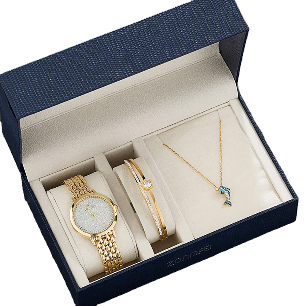

Women's Fashion Watch Set 3 PCS Fine Jewelry Bracelet Necklace Rose Gold Quartz Watches With Stainless Steel Luxury Traje