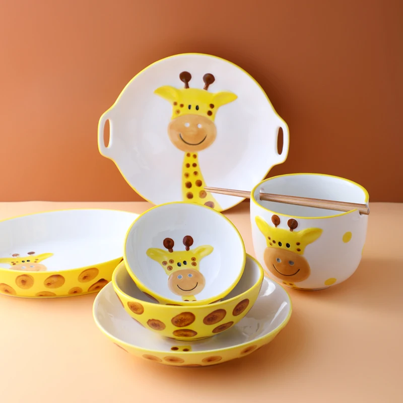 

HY Cartoon Tableware Plates Creative Ceramic Dinnerware Set Giraffe Rice Bowl Spoon Plate Household Cutlery
