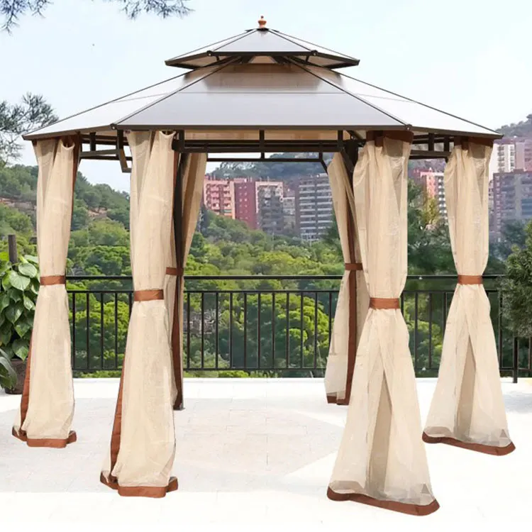

Waterproof hardtop wpc wood hexagon gazebo 3.5m commercial Patio Garden pavilion