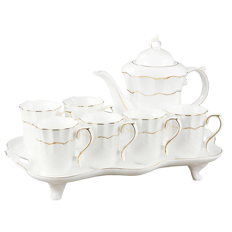

Factory Export Ceramic Gold Rim Kettle Water Set 1 Pot 6 Cups Porcelain Tea Set Water Pot Set, Full decal