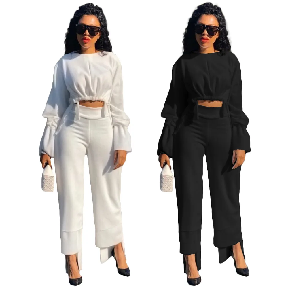 

Factory Wholesale White Women Pant Sets Long Straight Drawstring Ruched Two Set Pants