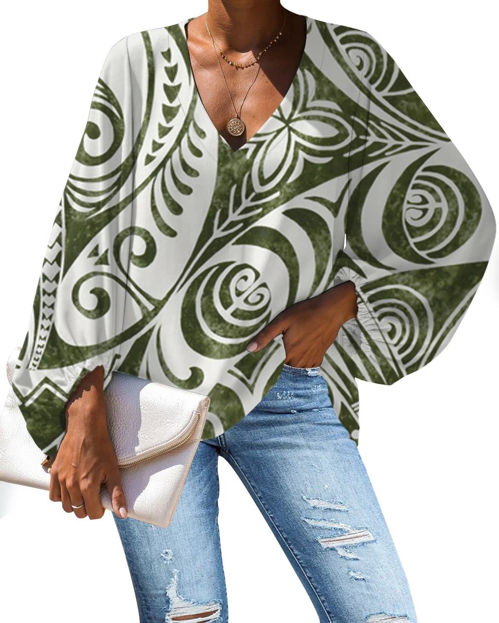 

Polynesian Traditional Tribal Print Long Sleeve V Neck Chiffon Tunic Blouse Women Chiffon Ladies Wear Fashion Clothes Styles, Customized color