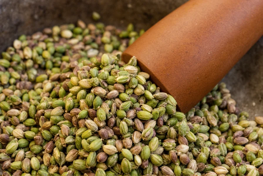 Close-up of freshly ground cardamom seeds in mortar and pestle with whole green cardamom pods