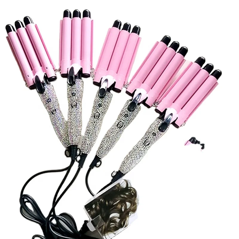 

Professional rhinestone bling deep wave hair styling tools 3 barrels curling iron electric hair crimper styler, Customized