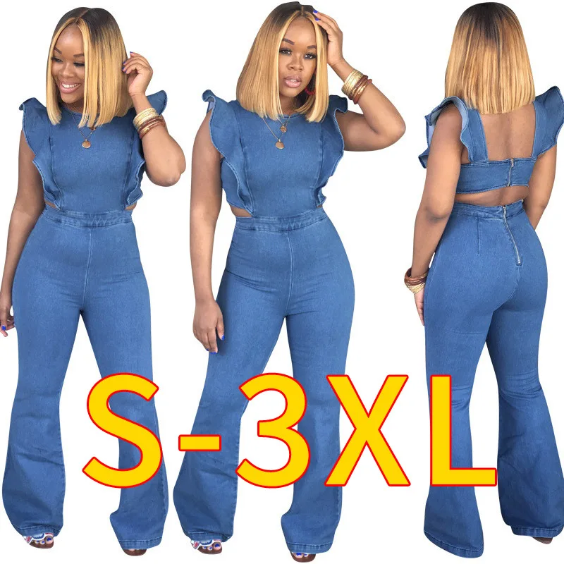 

2021 new arriavl women denim bodysuit splicing denim one piece jumpsuit women blue jean jumpsuit for women