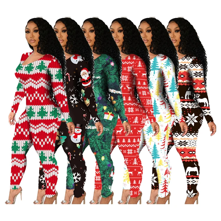 

Low Moq Custom Print Christmas Pajamas Long-Sleeved Sexy Low-Cut Plus Size Tight-Fitting Adult Onesie, Picture show