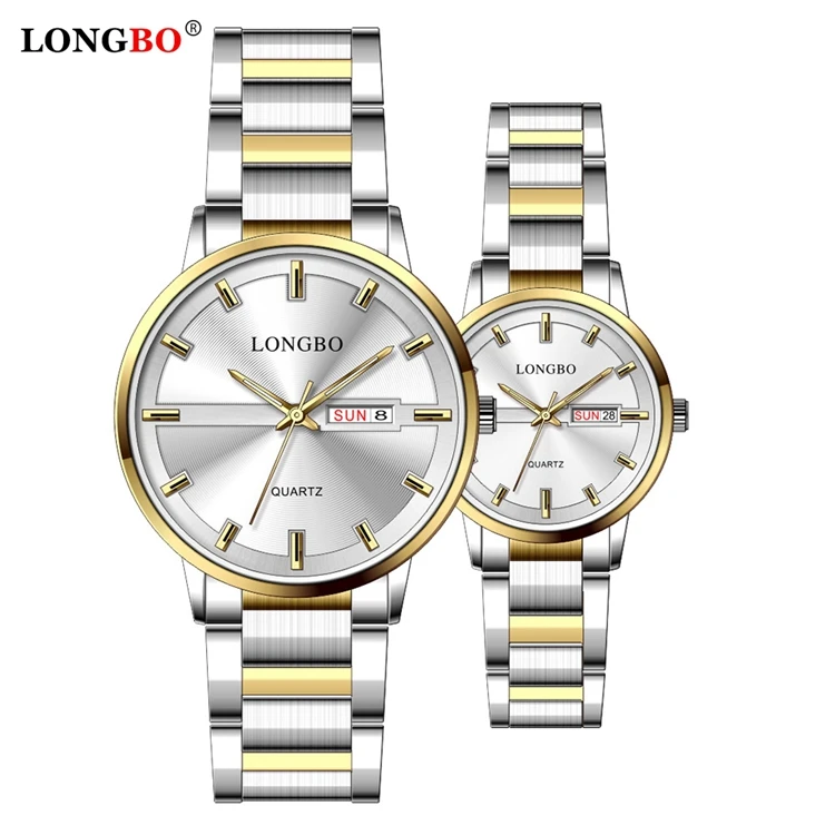 

LONGBO 80555 Couple Quartz Watch Simple Stainless Steel Wristwatches Band Date Window 3 atm Couple Waterproof Couple Watch, 14 color for you choose