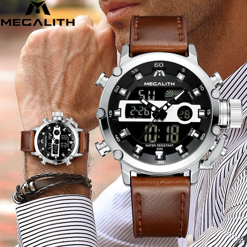 

MEGALITH casual LED double display watch brown leather band digital wristwatch Calendar leather 30 meter water resistant