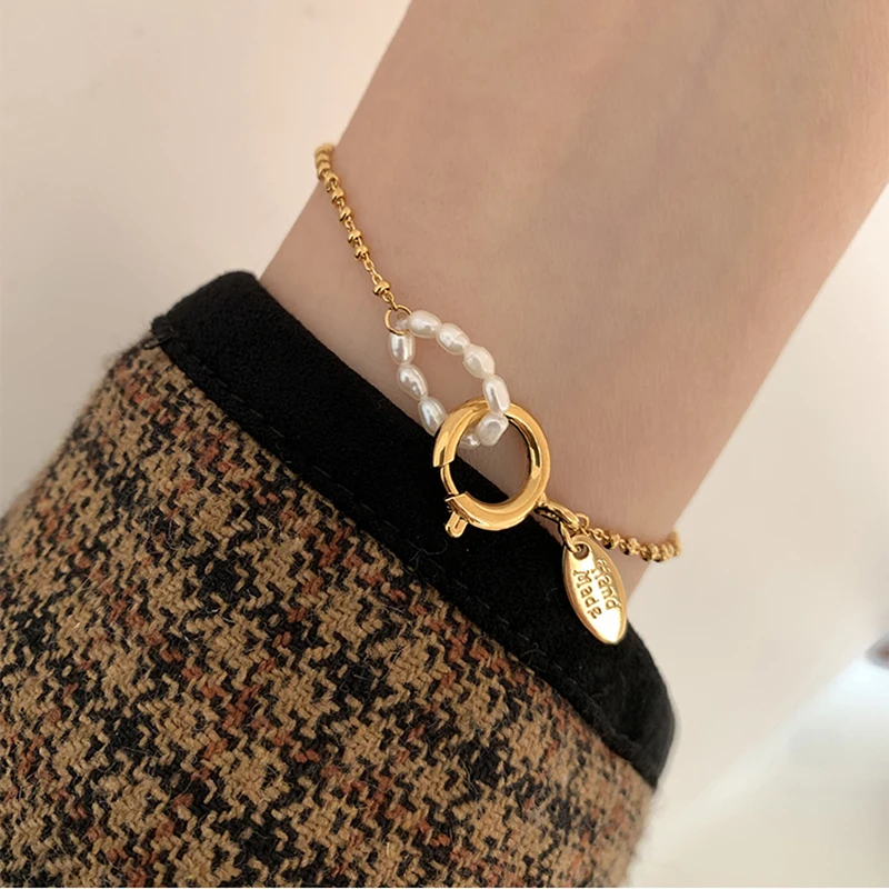 

18K Gold Plated Natural Freshwater Pearl Bracelets Double Circle Small Beads Chain Bracelets for Women Brass Minimalist Jewelry