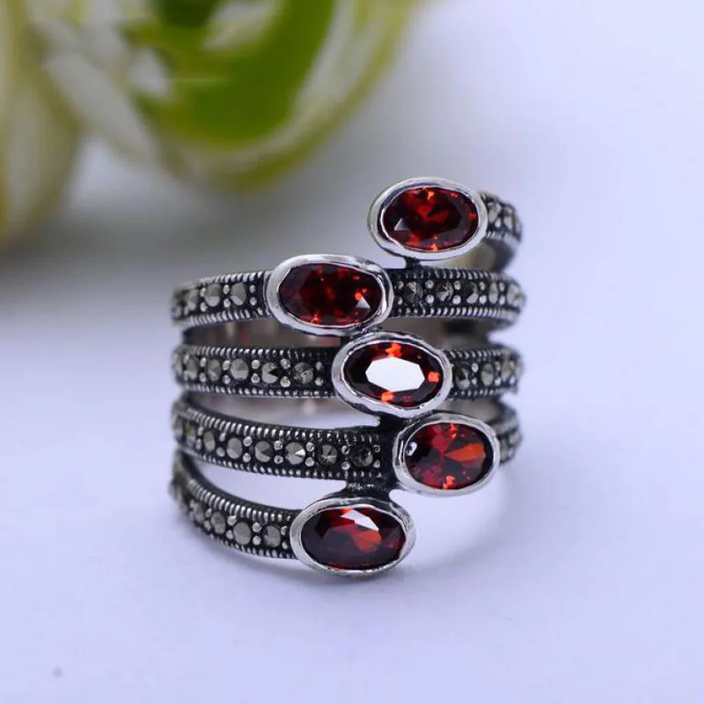 

GQTORCH Natural Gemstone Wide Rings For Women Red Garnet Stone Real Pure 925 Sterling Silver Jewelry Marcasite Multi Layer Ring