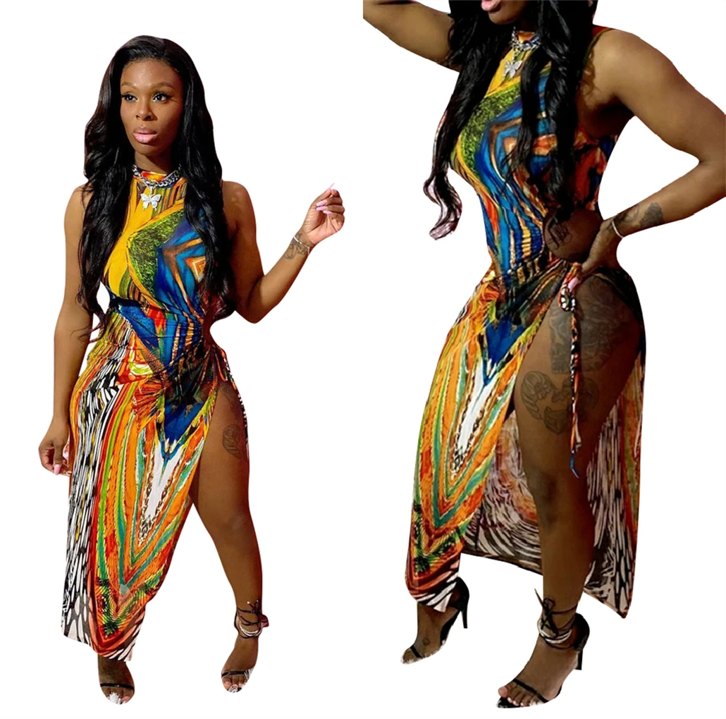 

High Quality Manufacture Wholesale Casual Sleeveless Bandage Slit Print Long Dress