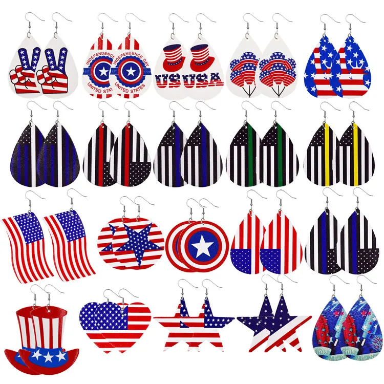 

Wholesale Independence Day 4th of July Earrings Dainty Handmade Layered Leather American Flag Dangle Earrings for Women 2021