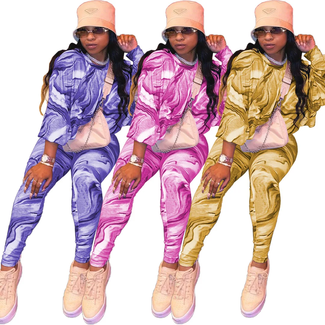 

2021 Printed Loose Long Sleeve sweater two piece pants set for women stylish two piece casual pants set fall set