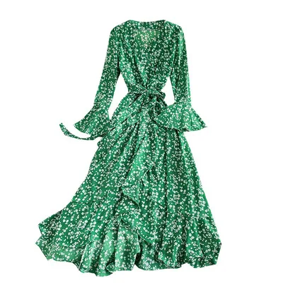 

2021 Customized Tags Spring Summer Women Fashion Printed Trumpet Sleeve Chiffon Maxi Dress