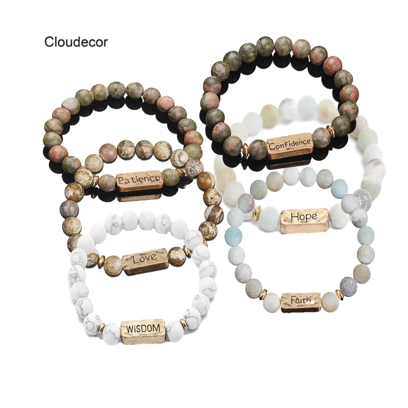 

Custom Lava Natural Stone Bracelet With Charm Confidence Faith Patience Hope Wisdom Love Lettering Bracelet Beaded Jewelry