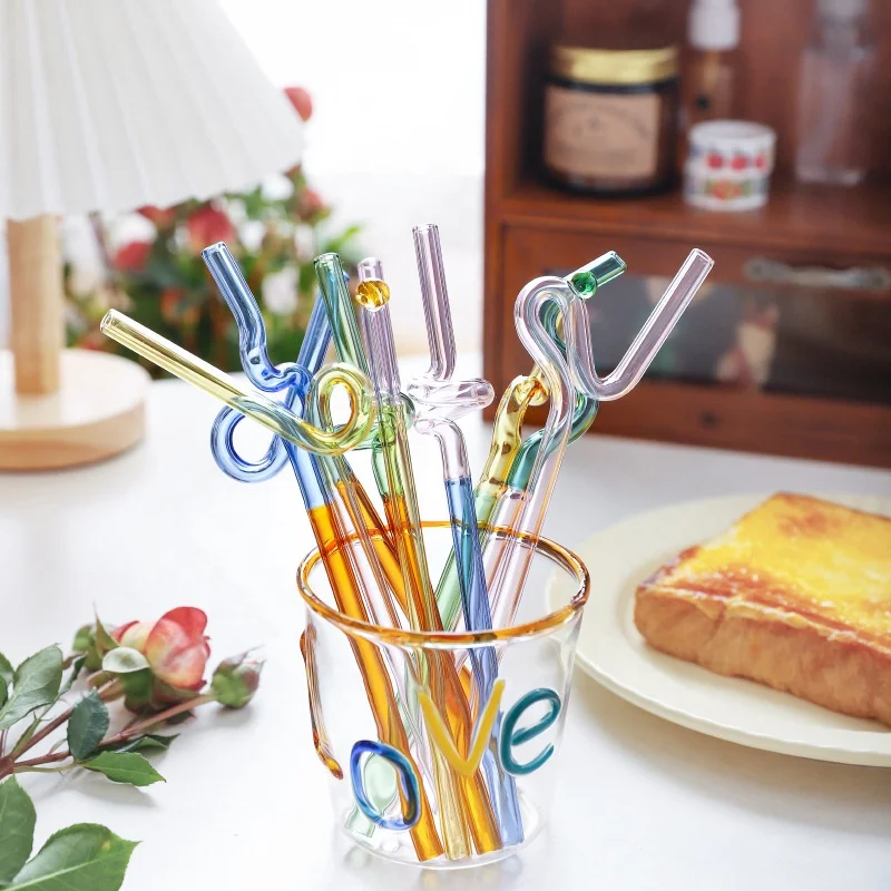 

New Creative Long Stem Sucker Multicolor Transparent Twist Drinking Reusable Glass Straws for Beverages Shakes Milk Tea Juice