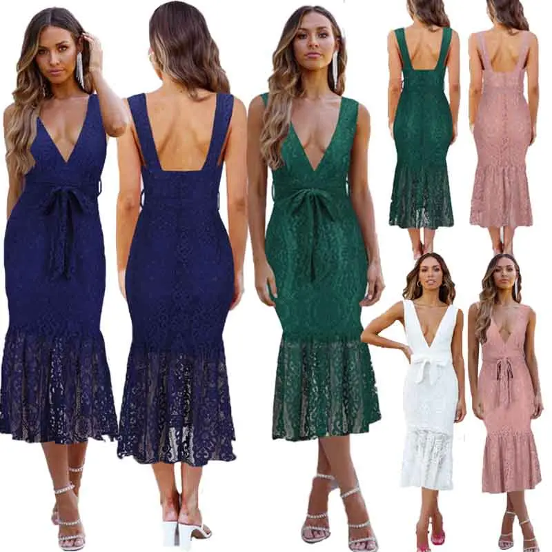 

2022 New Trend Sexy Lace V-neck Sleeveless Dress Hollowed Out Ruffle Sling Women Casual Backless Clothes