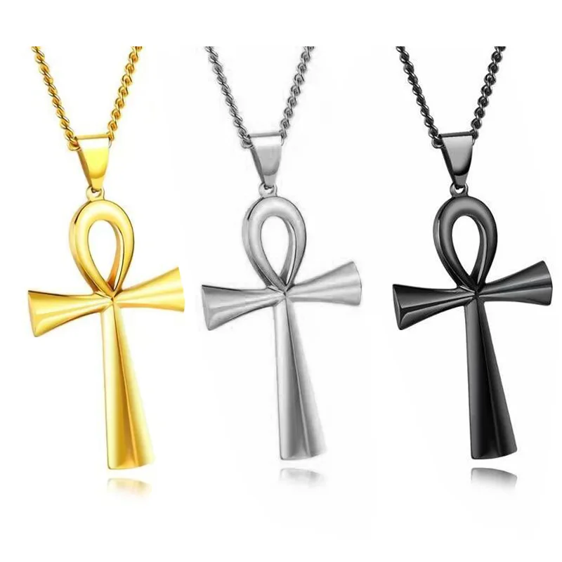 

European And American Hip-Hop Necklace Color Preserving Electroplating Egyptian Ankh Key Cross Pendant Necklaces