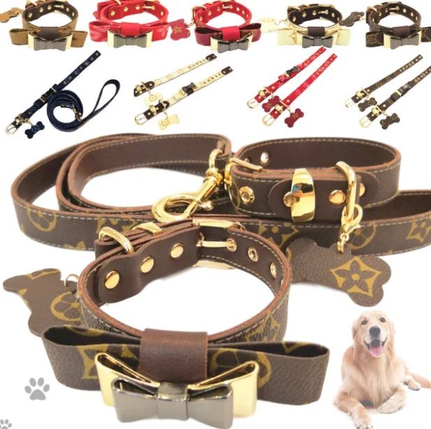 

Classic Flowers High end Luxury PU Pet dogs Bowknot collars leather Puppy Pug collar and leash Designer Dog, At picture