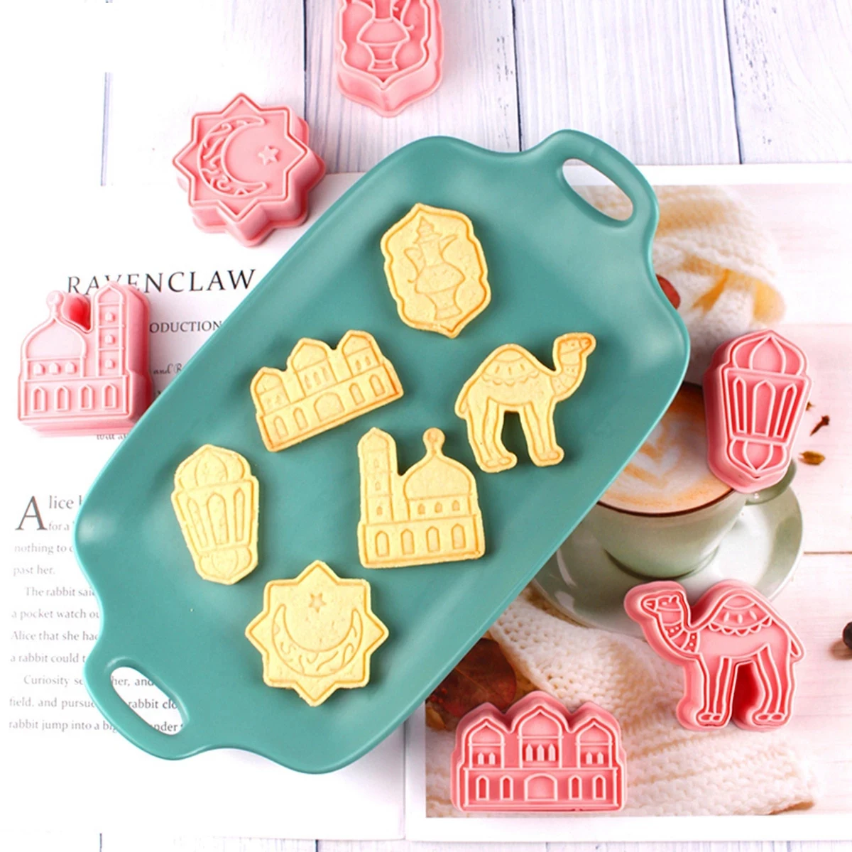 

6PCS/BOX Muslim Party Decor Camel Moon Star Biscuit Mold Ramadan Cookie Cutter Ramadan DIY Mubarak Eid Cake Mold, Pink