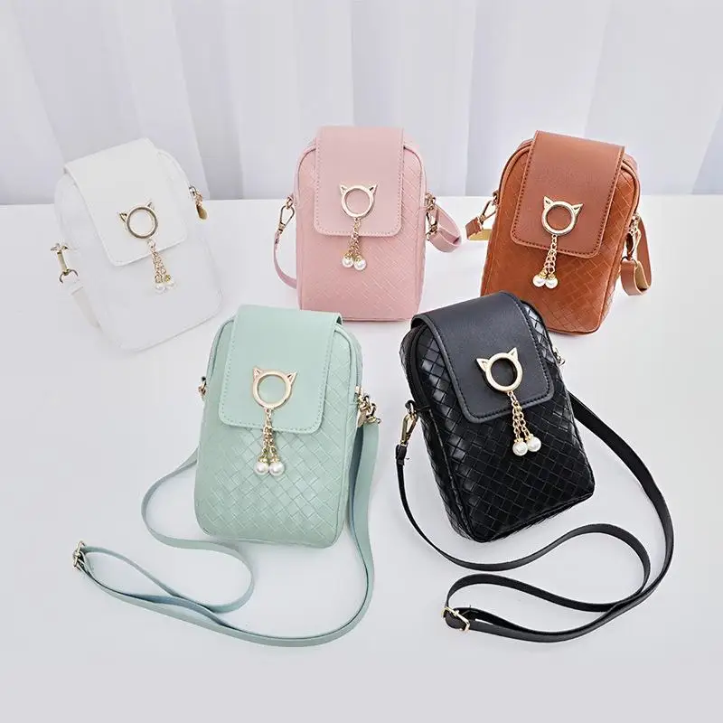 

2021 New Hot Sale Cute Woven Pearl Women Mobile Phone Bag Small Messenger Bag Pu Ladies Pearl Mini Shoulder Mobile Phone Purses