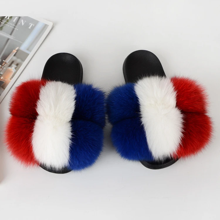 

New arrive fur ball fur slides slippers for winter with custom color