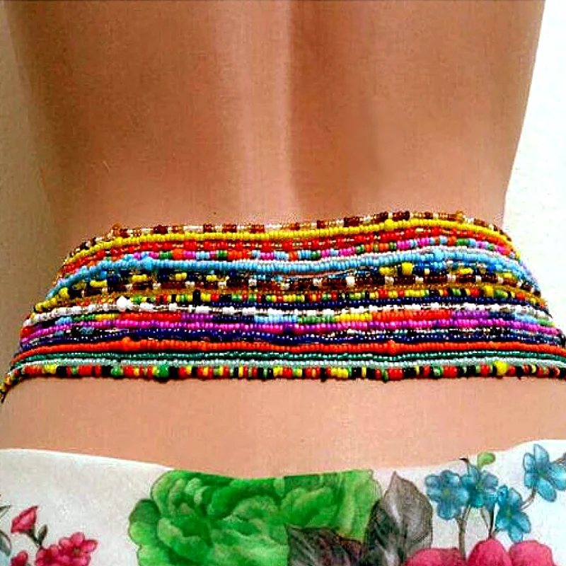 

2Pcs African Waist Beads Belly Chain Body Jewelry Bohemian Style Elastic Colorful Rice Bead Waist Chain For Women, Colour