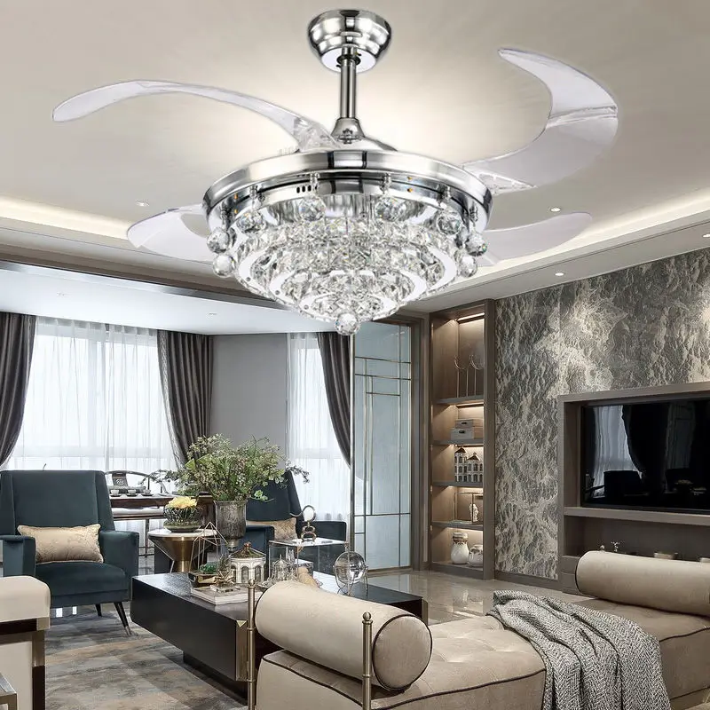 
Fandelier Crystal Ceiling Fans with Lights and Remote, LED 3 Light Settings Modern Invisible Retractable Chandelier Fan 