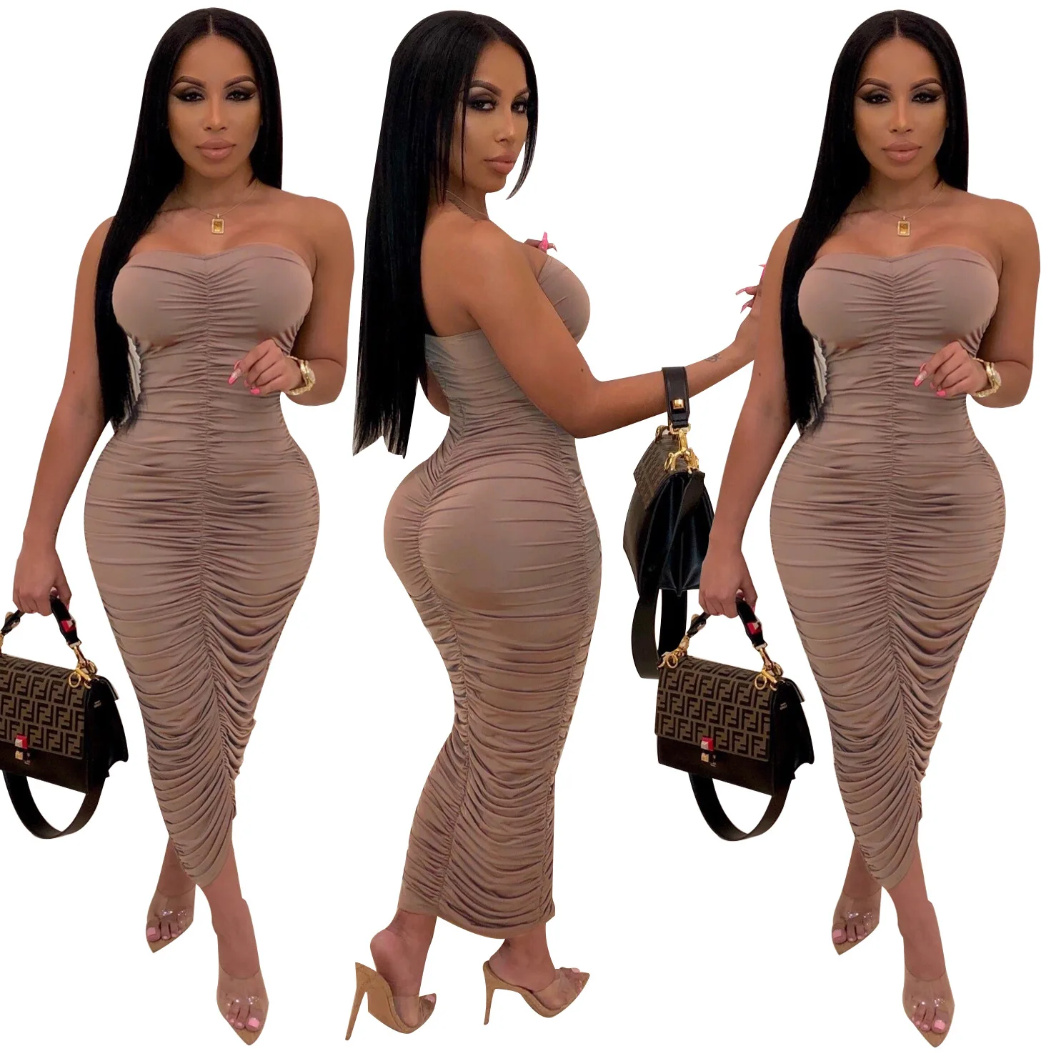

Europe and America Hot Selling Women's Solid Nude Sexy Ruched Bodycon Dress Sleeveless Strapless Club Dresses, Coffee sexy club dress ruched bodycon dress