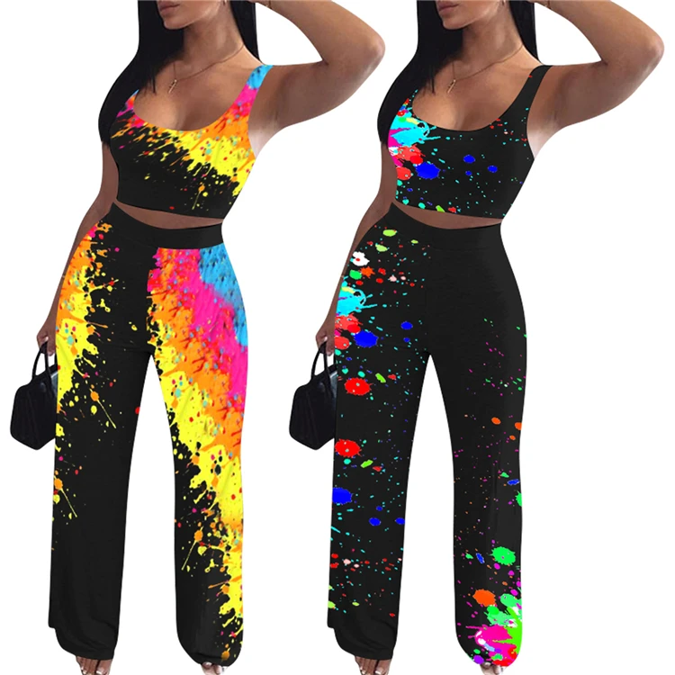 

D94263 Printed wide-leg pants sport suit hot sale women clothing 2020