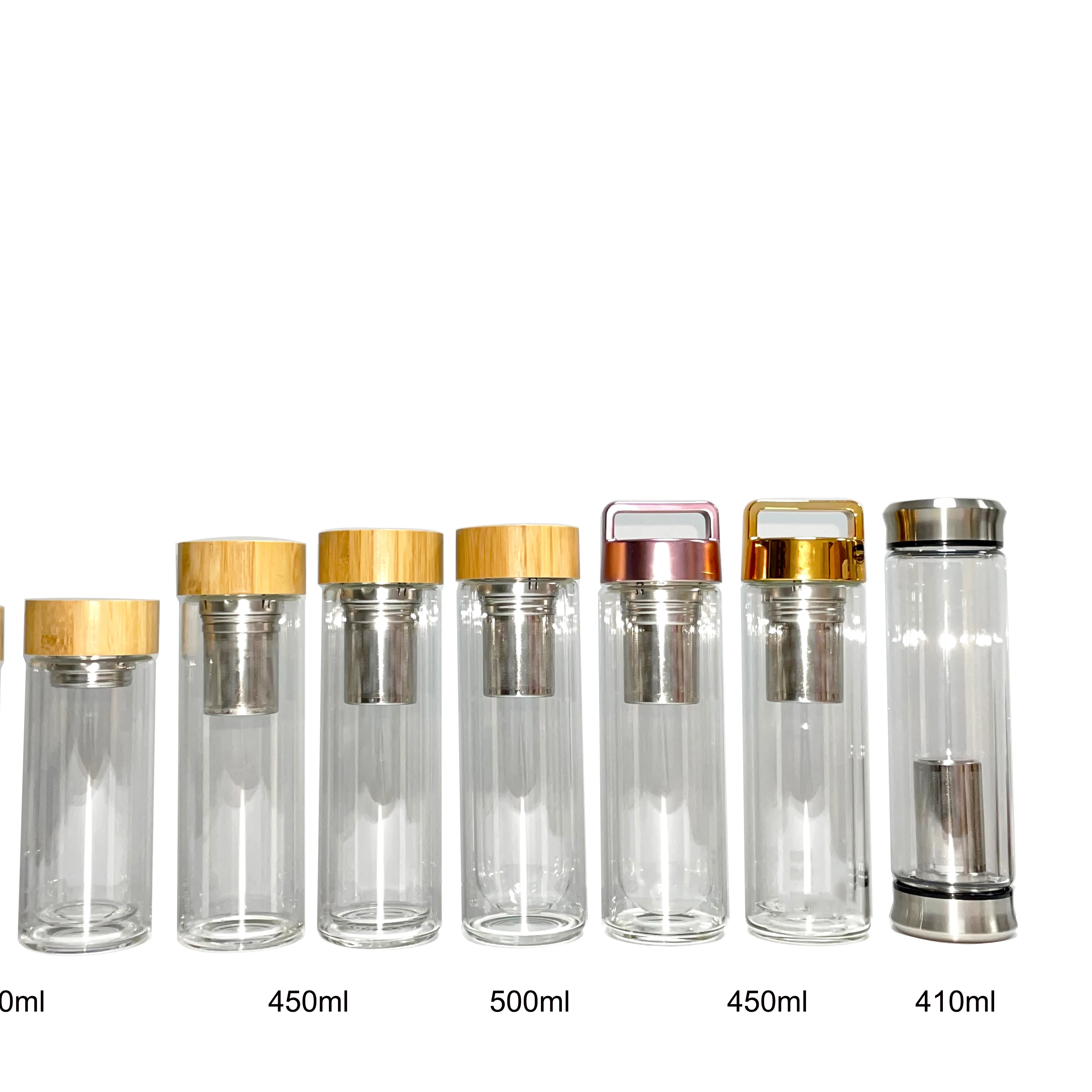 

350ml 450ml 500ml High borosilicate double walled glass water coffee bottle with stainless steel infuser